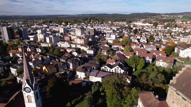 Aerial of a quiet town with a small castle and church, Uster, Switzerland