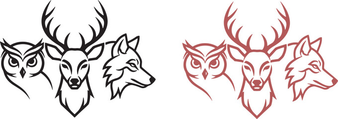 Fototapeta premium Minimal line art animal emblem featuring owl deer and wolf heads in clean symmetrical form