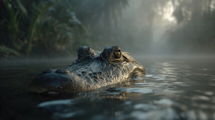 Fototapeta premium Alligator emerging from water in a misty wetland with lush green vegetation and soft fog