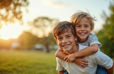 Fototapeta premium Two happy brothers with piggyback ride playing outside in park. Cheerful boys smile, enjoy bonding time together on summer vacation. Pure joy and friendship.