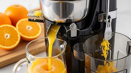 Vibrant Orange Juice Pouring from Sleek Juicer into Glass Pitcher Freshly Squeezed.