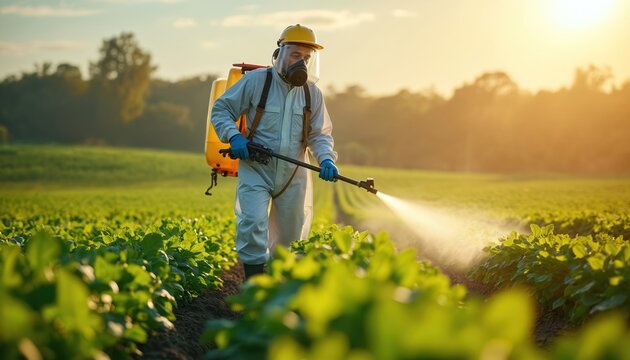 Farmer in protective suit sprays field crops at sunset. Worker uses backpack sprayer for pest control on green plants. Agricultural work outdoors in summer.