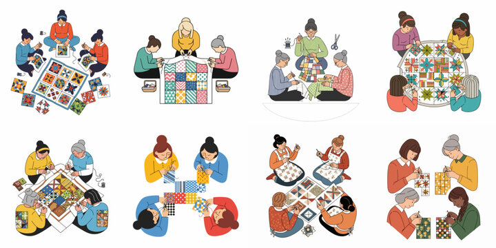 Collection of illustrations showing women and grandmothers collaboratively sewing patchwork quilts, representing handmade textile arts and community crafting.