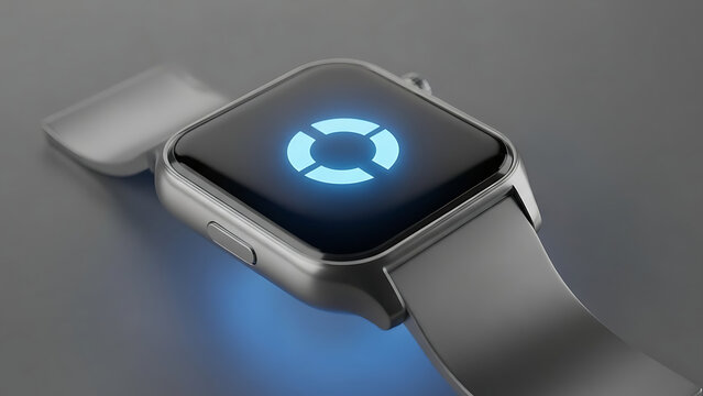 Modern smartwatch with a glowing blue abstract icon on its screen, symbolizing innovation, future technology, and digital connectivity. - Powered by Adobe