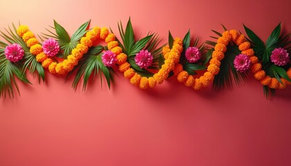 Indian marigold flower garland with green leaves and pink blossoms adorns pink background. Festive toran decoration for Hindu holidays like Diwali, Pongal, or Gudi Padwa celebrations.
