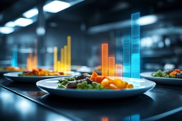 Food margin optimization concept with profit bars rising above plates of healthy meal, showing business growth and financial success in food industry