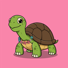 Obraz premium Funny cute cartoon turtle smiling happily in a green nature illustration for children