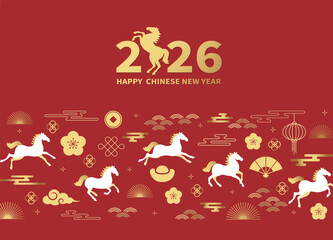 2026 Chinese New Year and Year of the Horse design with horse and Asian decorative patterns on a festive red background, suitable for banners and posters.