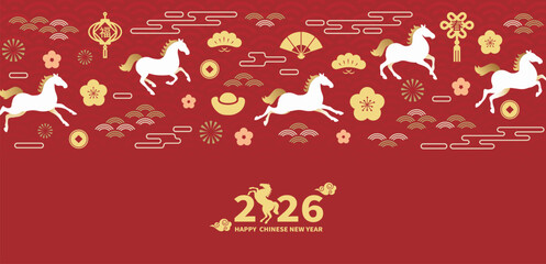 2026 Chinese New Year and Year of the Horse design with horse and Asian decorative patterns on a festive red background, suitable for banners and posters.