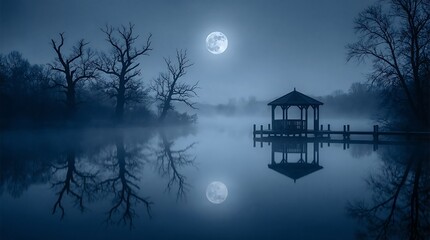 Serene Night Landscape With Full Moon Reflection In Calm Lake Near Small Pavilion