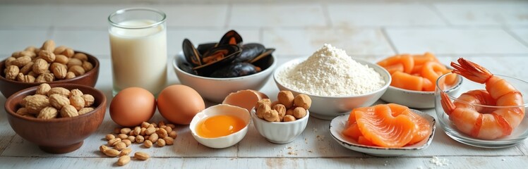 Various common food allergens arranged together, including peanuts, eggs, milk, shellfish, fish, and flour. Healthy eating challenges and dietary restrictions concepts.