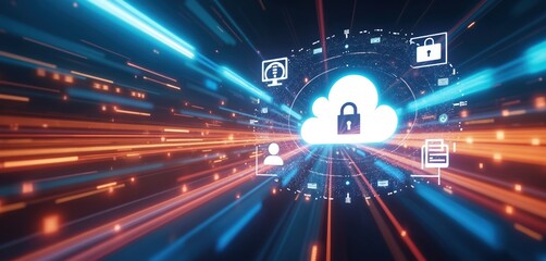 Cloud data protected by lock icon on fast digital network. Futuristic technology secures information. User profiles connect to safe online systems. Global web privacy maintained.