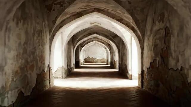 Long Repeating Arched Corridor with Dim Light and Ancient Stone Vaults