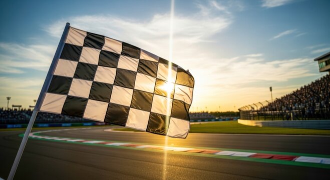 Chequered flag waving at race track finish line against sunset. Winning symbol of racing car competition and auto sport.