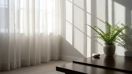 Bright Sunlit Room with White Curtains and Green Fern in Vase on Dark Table