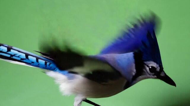 Vibrant blue jay with distinctive crest on green background