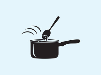 Solid Black Silhouette of Saucepan Stirring Soup with Spoon
