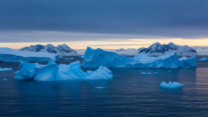 Majestic icebergs float in the cold, dark blue waters of the Antarctic Ocean with snow-capped mountains under a dramatic twilight sky.