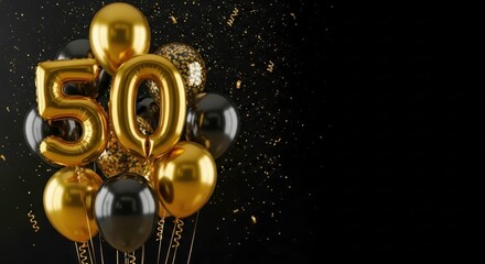 Golden balloons on black background with golden number 50. Celebration for 50th anniversary birthday. Party decor in gold and black. Festive scene. Jubilee invitation card.