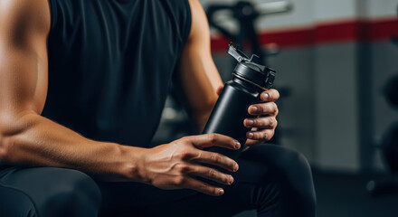 Close up shot of man in gym holding protein shaker. Bodybuilder during strength workout. Healthy fitness lifestyle concept. Post workout hydration. Nutrition supplement.