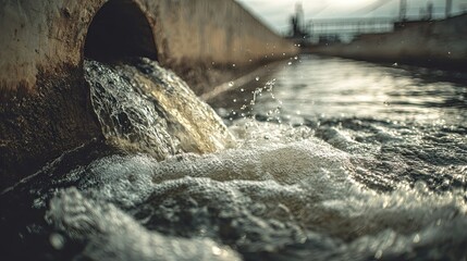 A pipe discharges water, creating splashes and bubbles in a flowing stream, highlighting the interaction between liquid and environment.