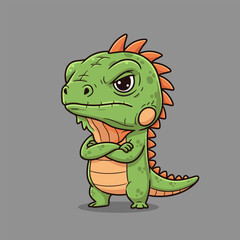 Fototapeta premium Grumpy Green Cartoon Lizard with Arms Crossed and Orange Spikes.