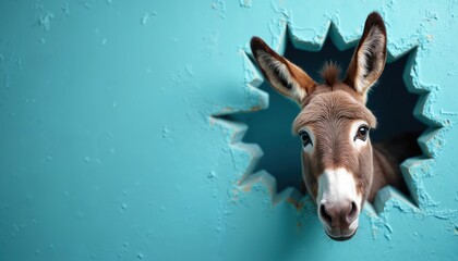 Donkey head peeking through jagged hole in teal blue textured wallpaper. Curious animal looks directly forward, its ears perked up in surprise. The scene is unusual and eye-catching.