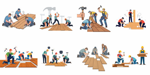 Set of illustrations depicting construction workers installing wood flooring, performing carpentry tasks, and home renovation using various hand tools.