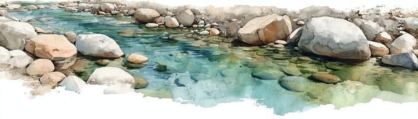 A serene watercolor depiction of a rocky riverbed with clear, turquoise water flowing over smooth stones.