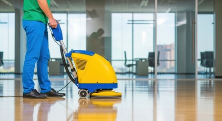 Pro worker polishes office floor using high speed polishing machine. Person in uniform cleans shiny tile floor. Commercial building maintenance. Cleanliness service process. Modern equipment in use.