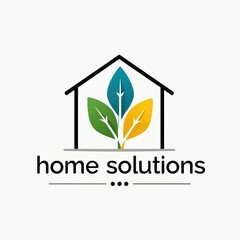 Obraz premium Minimalist house logo with three colorful leaves inside. Organic growth and clean design for property solutions, real estate, or eco-friendly brands. Simple and modern.