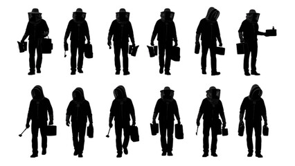 Silhouettes of people in beekeeping suits with various tools