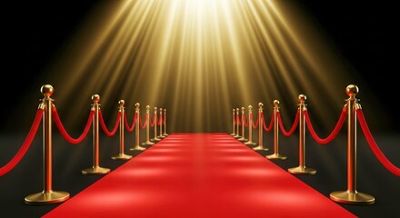 Bright stage with spotlights on red carpet. Gold stanchions and star details. Award ceremony and film premiere scene.