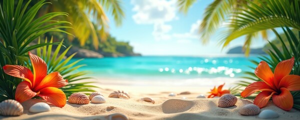 Tropical beach with palm trees and orange flowers in foreground. Clear blue ocean water and sandy shore under sunny sky. Perfect for vacation or travel themes.