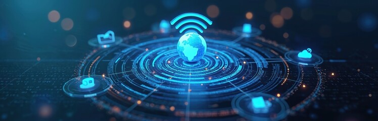 Fototapeta premium Earth globe with Wi-Fi signal, connected digital network around. Cloud and lock icons show data links. Global wireless internet system interface.
