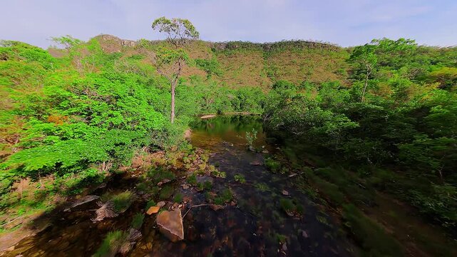 Low-altitude FPV drone sequence along the Rio dos Couros in the Chapada dos Veadeiros, Brazil showcasing highlight the gnarled Canela-de-ema shrubs and crystalline pools of the Goi&aacute;s highlands.