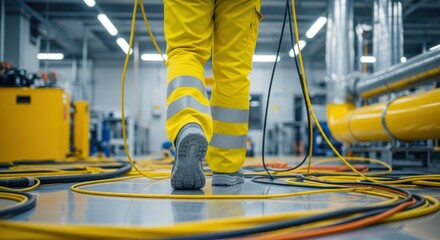 Worker in yellow uniform walks across wet factory floor. Cables scattered creating tripping hazard. Industrial workplace shows maintenance issues and focus on safety