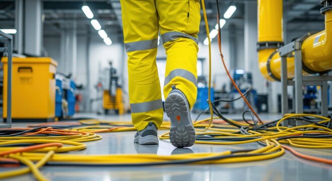 Worker in yellow uniform walks across wet factory floor. Cables scattered creating tripping hazard. Unsafe conditions