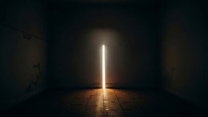 Minimalist Narrow Vertical Light Beam in Dark Empty Room with Wooden Floor