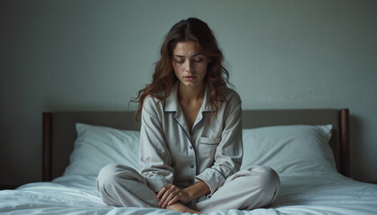 Young woman sits on bed wearing pajamas. She looks down with sad expression, showing loneliness and mental struggle. Female faces depression problem in quiet room.