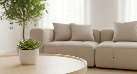 Cozy living room interior with light brown wooden coffee table. Small succulent plant sits on table. Beige sofa blurred in background. Tabletop unique pattern. Modern home decor. Stylish design.