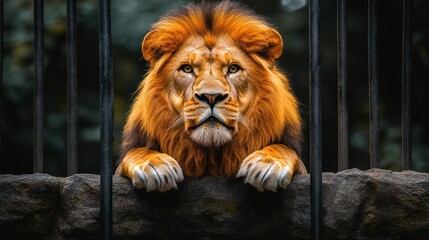 Majestic Male Lion with Golden Mane Peering Through Vertical Bars in Dim Lighting with Soft Bokeh Background