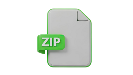 3D ZIP file icon with green label on transparent background