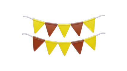 3D Two Rows of Yellow and Brown Triangle Bunting Flags on transparent background