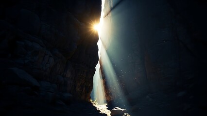 Sunlight Streaming Through Narrow Canyon with Rocky Walls and Dust Particles