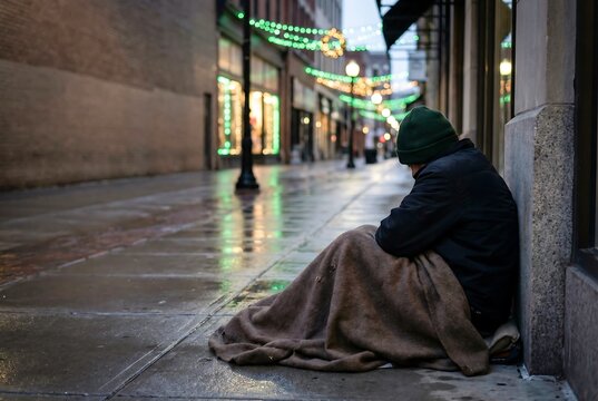 Man experiencing homelessness sitting on wet city street under festive lights covered by a blanket. Concept of poverty and social issues during holiday season.