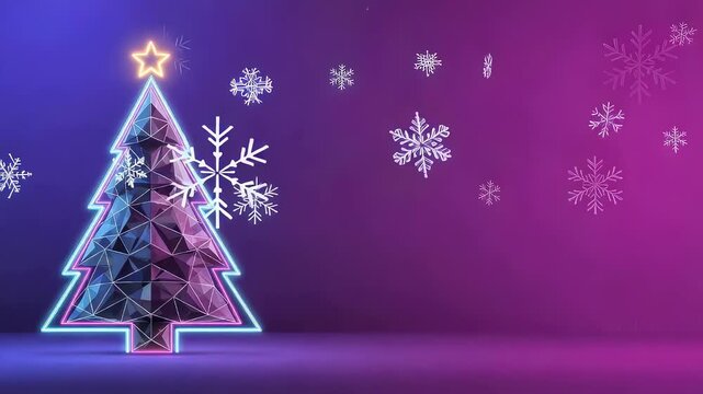 Neon outlined christmas tree with a star top and falling snowflakes. Polygon holiday concept for winter celebrations.