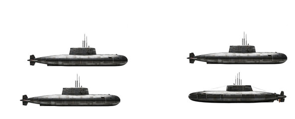 Black submarine collection with different view angles set isolated on transparent PNG background