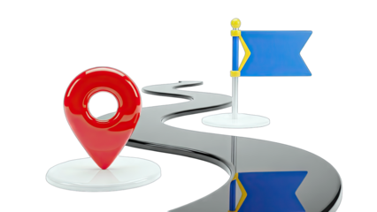 3D Navigation Route with Red Pin and Flag on transparent background