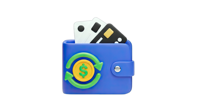 3D Digital wallet with credit cards and currency exchange icon on transparent background - Powered by Adobe